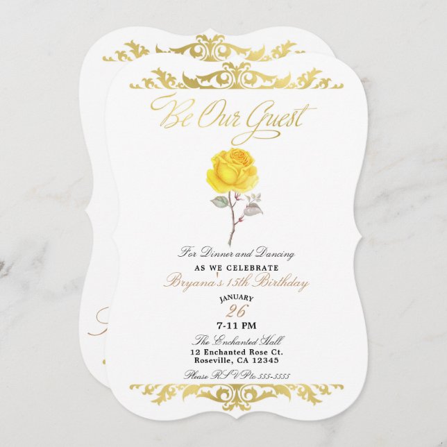 Invitación Rosa Amarilla y Fiesta de Cumpleaños Elegante en O (Anverso / Reverso)