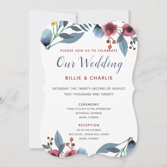 Invitación Rosa, amarillo, azul acuarela Floral Nuestro Boda (Anverso)