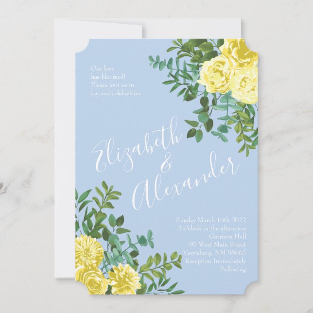 Invitación Rosa amarillo claro y azul pálido Boda floral (Anverso)