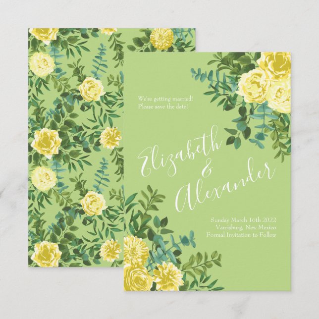 Invitación Rosa amarillo claro y verde pálido Boda Guardar fe (Anverso / Reverso)
