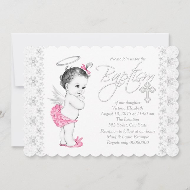 Invitación Rosa Angel Bebé Baptismo (Anverso)