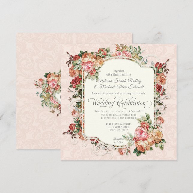 Invitación Rosa antiguo de época Boda Floral Bouquet Square (Anverso / Reverso)