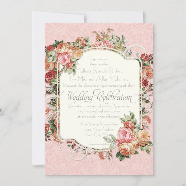 Invitación Rosa antiguo de época Floral Bouquet Boda formal (Anverso)