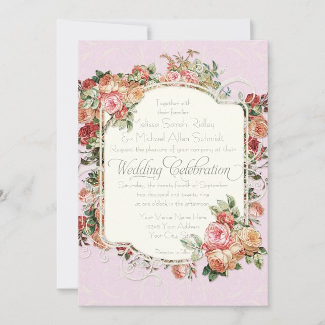 Invitación Rosa antiguo de época Floral Bouquet Boda formal (Anverso)