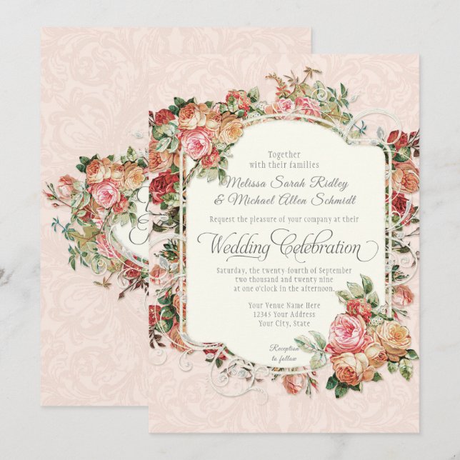 Invitación Rosa antiguo de época Floral Bouquet Boda formal (Anverso / Reverso)