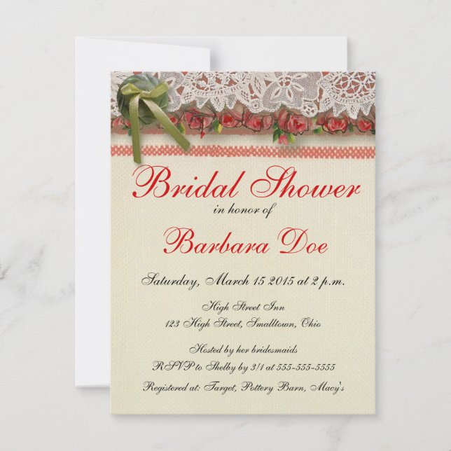 Invitación Rosa antiguo Lace Rústico Rojo Victorilap (Anverso)