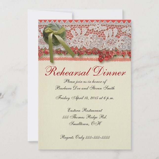 Invitación Rosa antiguo Lace Rústico Rojo Victorilap (Anverso)