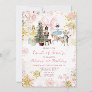 Invitación Rosa Arco de Navidad Cascanueces Cumpleaños Dorado