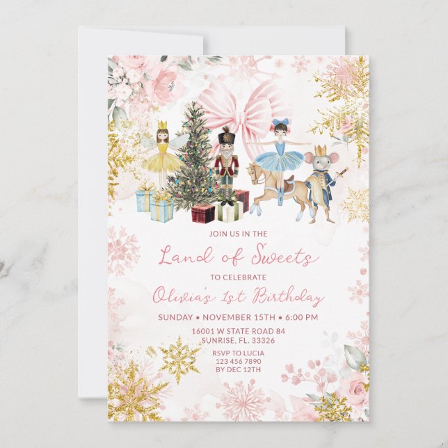 Invitación Rosa Arco de Navidad Cascanueces Cumpleaños Dorado (Anverso)