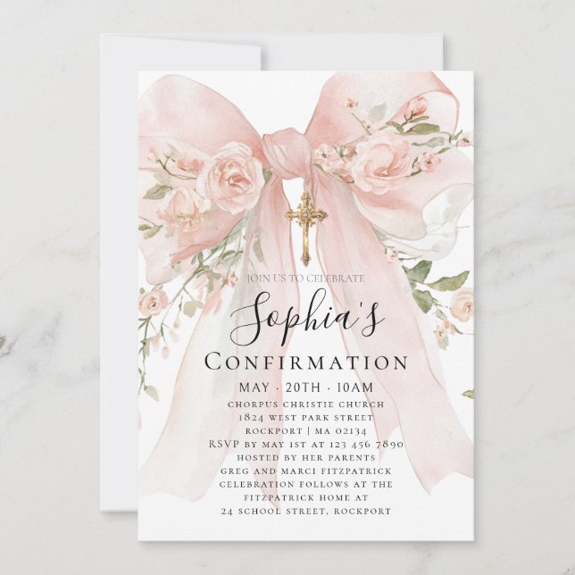 Invitación Rosa Arco Rosa Floral Niña Confirmación (Anverso)