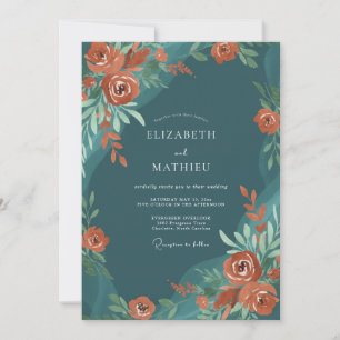 Invitación Rosa Artística de Boda en Azul Teal Profundo