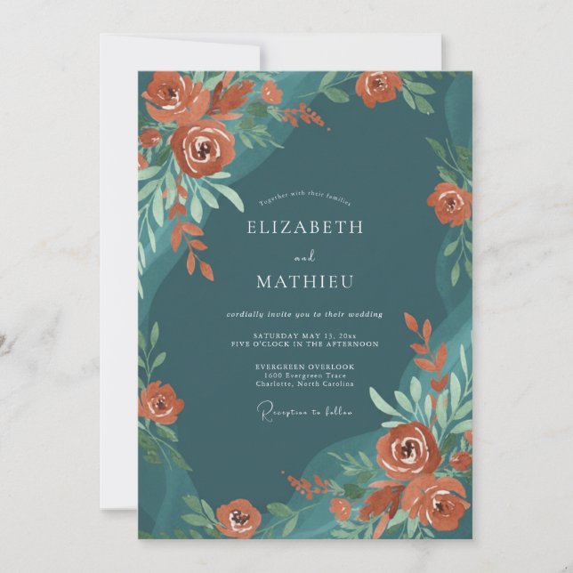 Invitación Rosa Artística de Boda en Azul Teal Profundo (Anverso)