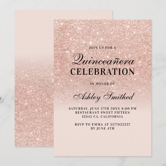 Invitación rosa audaz purpurina  elegante moda Quinceañera (Anverso / Reverso)