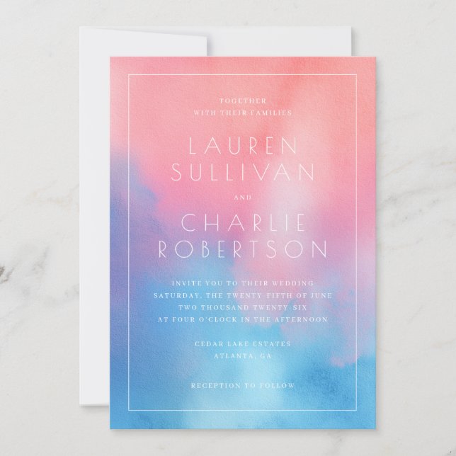 Invitación Rosa Azul Acuarela Romántica (Anverso)