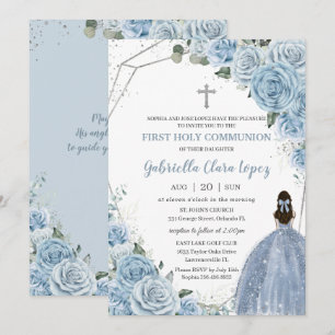 Invitación Rosa azul bebé Flores Chica Primera Santa Comunión