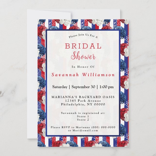 Invitación Rosa azul blanco rojo patriótico Stripe Bridal Sho (Anverso)