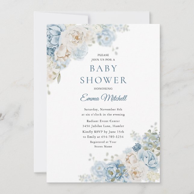 Invitación Rosa azul bohemio Flores Baby Shower (Anverso)