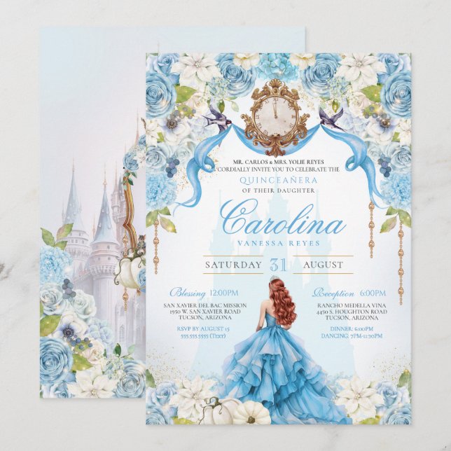Invitación Rosa azul Cenicienta Real Princesa Quinceanera (Anverso / Reverso)