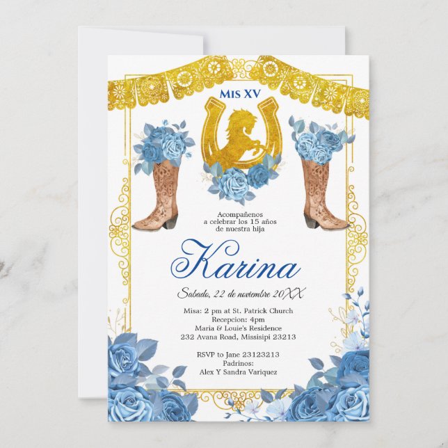 Invitación Rosa azul Charra mexicana 15 Quinceanera Invitació (Anverso)
