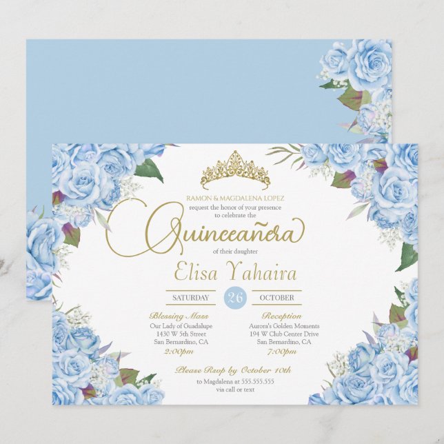 Invitación Rosa azul cielo claro Floral Gold Tiara Quinceaner (Anverso / Reverso)