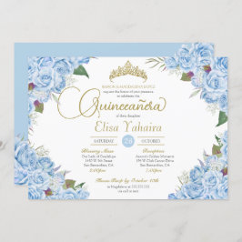 Invitación Rosa azul cielo claro Floral Gold Tiara Quinceaner