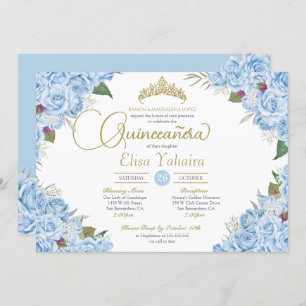 Invitación Rosa azul cielo claro Floral Gold Tiara Quinceaner