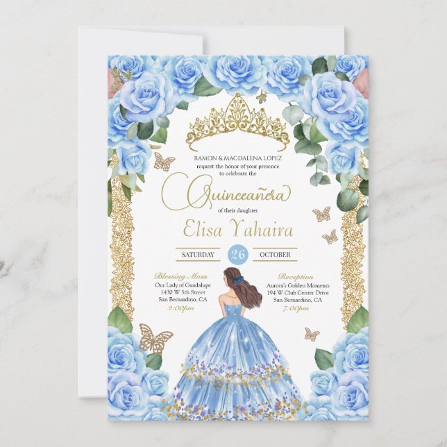 Invitación Rosa azul cielo Floral Oro Mariposa Quinceanera (Anverso)