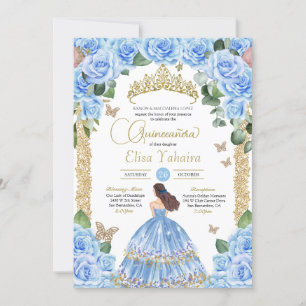 Invitación Rosa azul cielo Floral Oro Mariposa Quinceanera