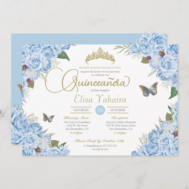 Invitación Rosa azul claro Floral Tiara Mariposa Quinceanera (Anverso / Reverso)