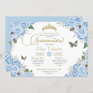 Invitación Rosa azul claro Floral Tiara Mariposa Quinceanera