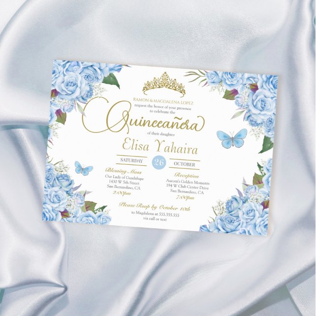 Invitación Rosa azul claro Floral Tiara Mariposa Quinceanera (Subido por el creador)