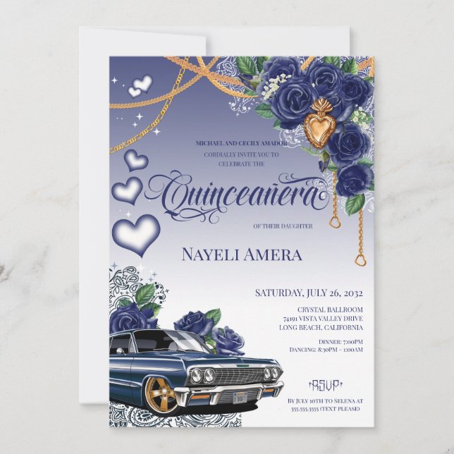 Invitación Rosa Azul Clásico Lowrider Chola Quinceanera (Anverso)