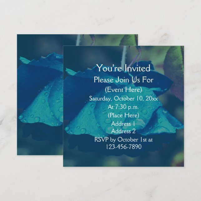 Invitación Rosa Azul Con Gotas De Lluvia Floral (Anverso / Reverso)