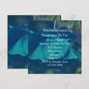 Invitación Rosa Azul Con Gotas De Lluvia Floral
