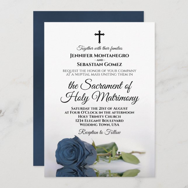 Invitación Rosa azul de acero inoxidable Moda Boda católico m (Anverso / Reverso)