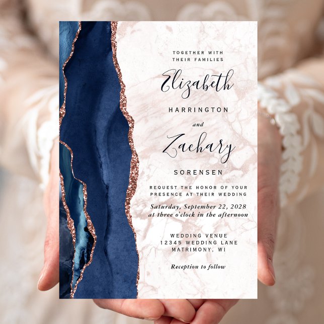 Invitación Rosa azul de la marina Agate Boda de mármol (Subido por el creador)
