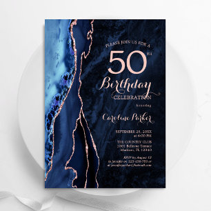Invitación Rosa azul de la Marina Agate de Oro 50 cumpleaños