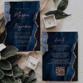 Invitación Rosa azul de la marina Agate de oro Script QR Boda