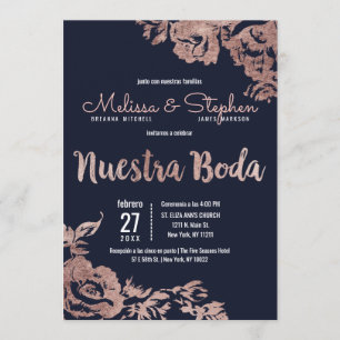 Invitación Rosa azul de la marina Boda floral de oro español