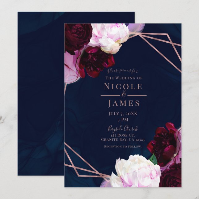Invitación Rosa azul de la Marina Dorado Floral moderna Glam  (Anverso / Reverso)