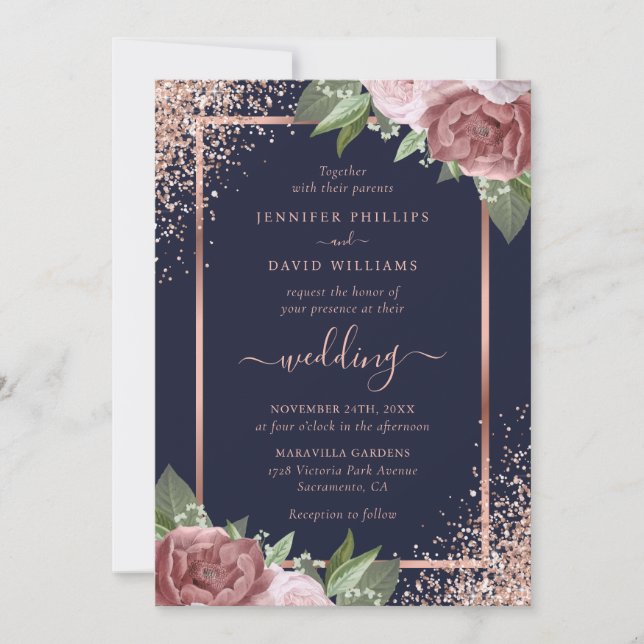 Invitación Rosa azul de la Marina Floral Boda de Confetti de  (Anverso)