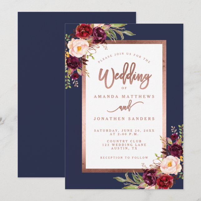 Invitación Rosa azul de la marina floral borgoñona Boda de gu (Anverso / Reverso)