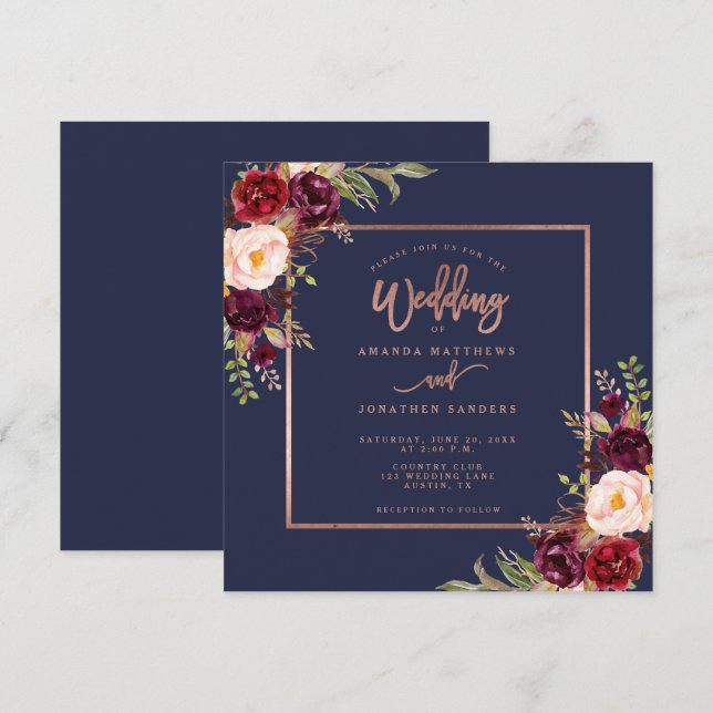 Invitación Rosa azul de la marina floral borgoñona Boda de gu (Anverso / Reverso)