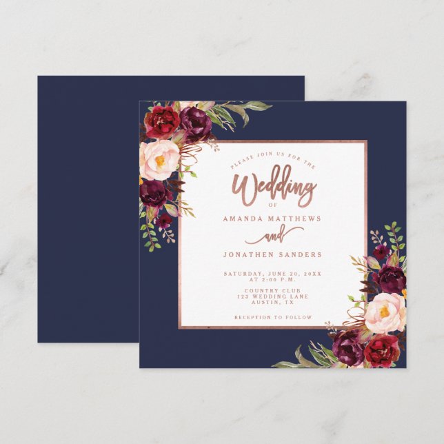 Invitación Rosa azul de la marina floral borgoñona Boda de gu (Anverso / Reverso)
