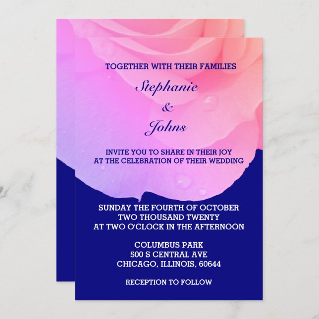 Invitación Rosa azul de la Marina Floral Rosa Código QR Boda  (Anverso / Reverso)