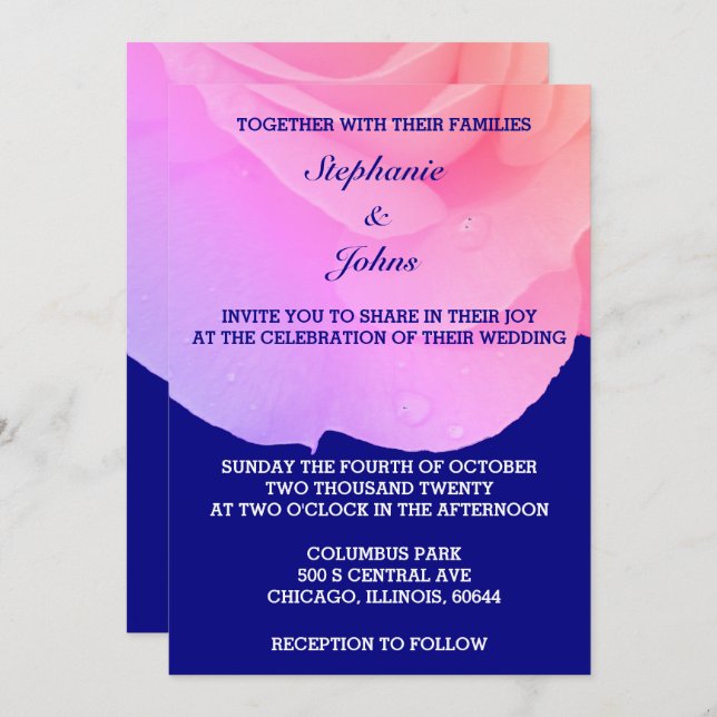 Invitación Rosa azul de la Marina Floral Rosa Elegante Boda p (Anverso / Reverso)