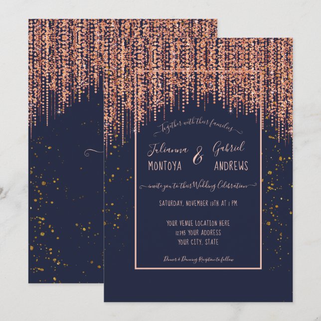 Invitación Rosa azul de la marina Purpurina dorada Boda Rubor (Anverso / Reverso)