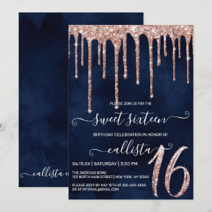 Invitación Rosa azul de la marina Purpurina oro gotea dulce 1