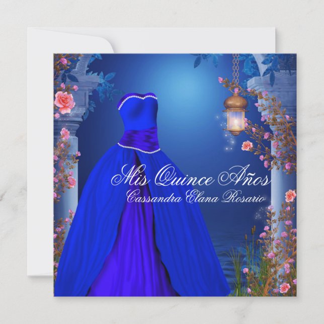 Invitación Rosa azul de la Marina Real Ball Gown Quinceanera (Anverso)