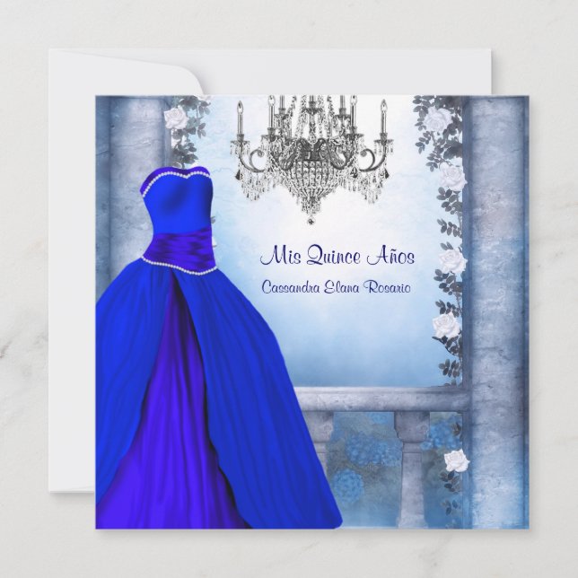 Invitación Rosa azul de la Marina Real Ball Gown Quinceanera (Anverso)